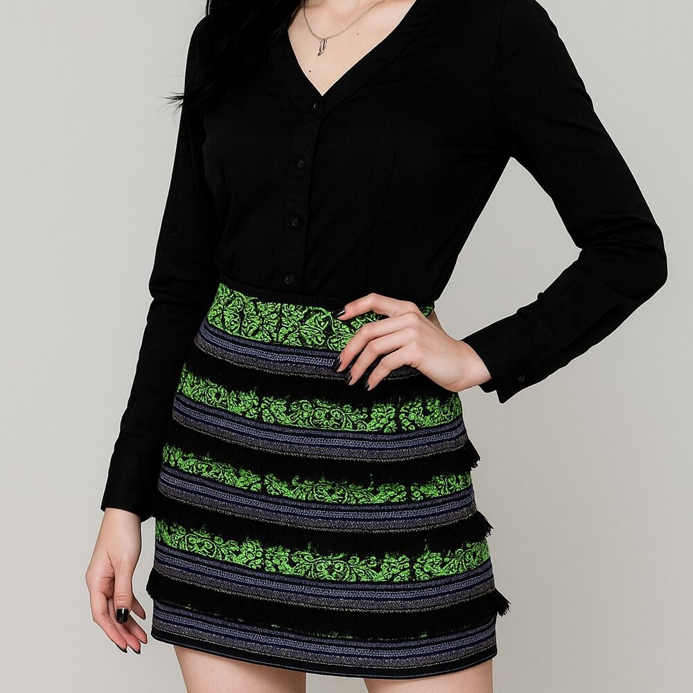 English Rose Ruffle Tiered Miniskirt Neon Lime Green Small